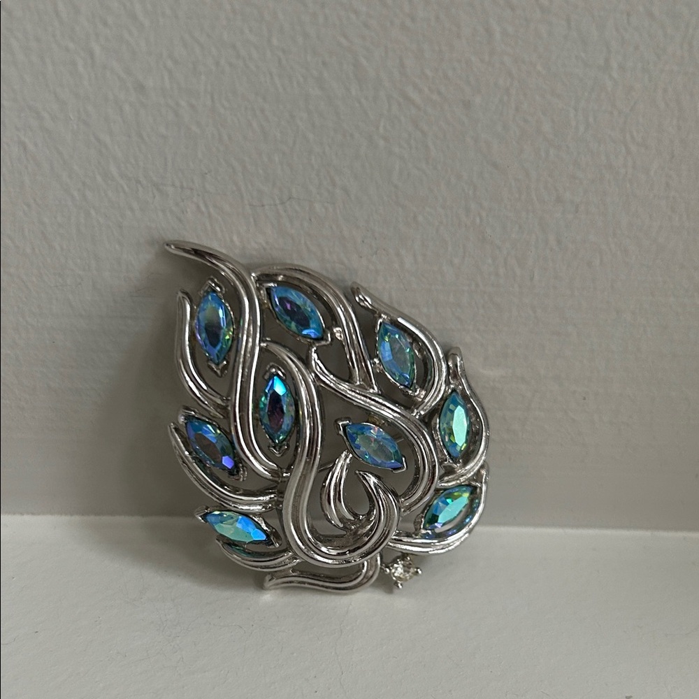 Trifari Silver-Tone Blue Aurora Borealis Crystal Leaf Brooch